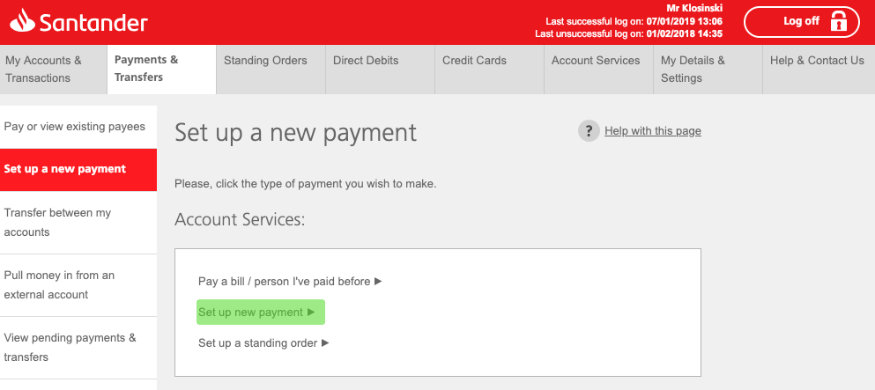 Wybieranie typu płatności w Santander