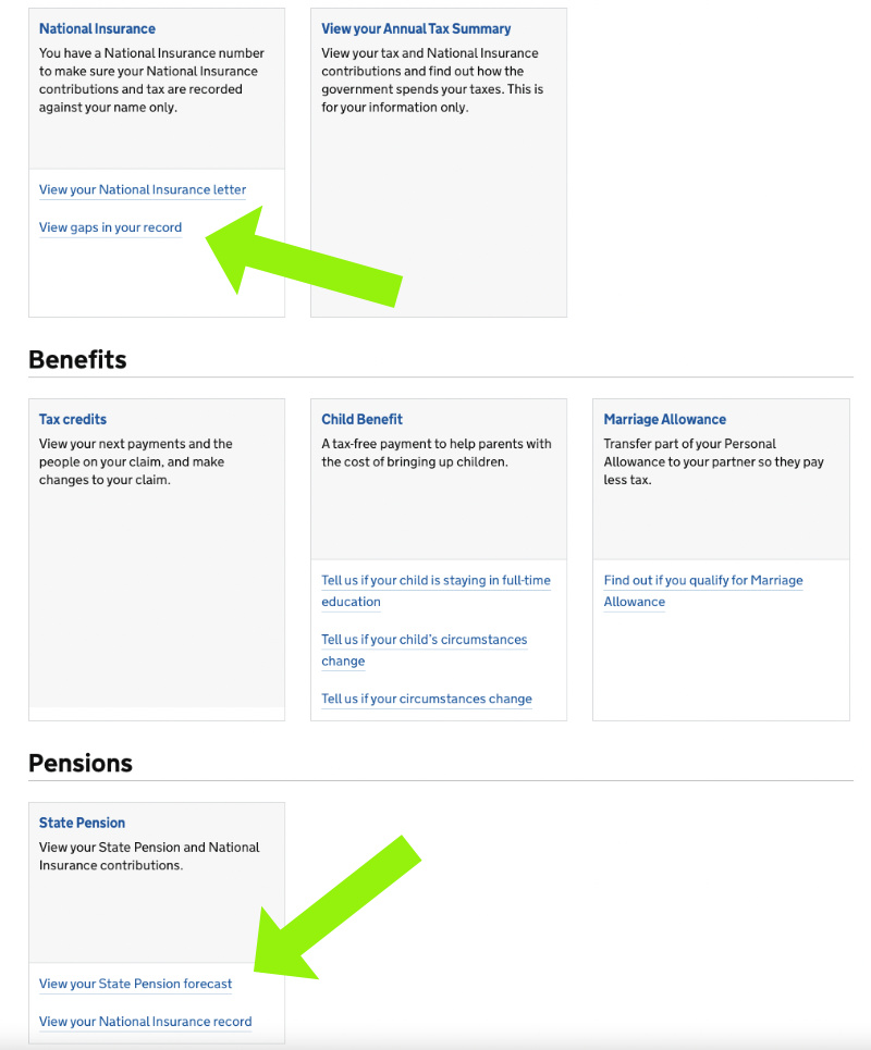 Sprawdź pension forecast i gaps in your record screenshot z konta emerytalnego UK
