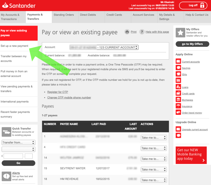 Ustanawianie nowej płatności w Santander